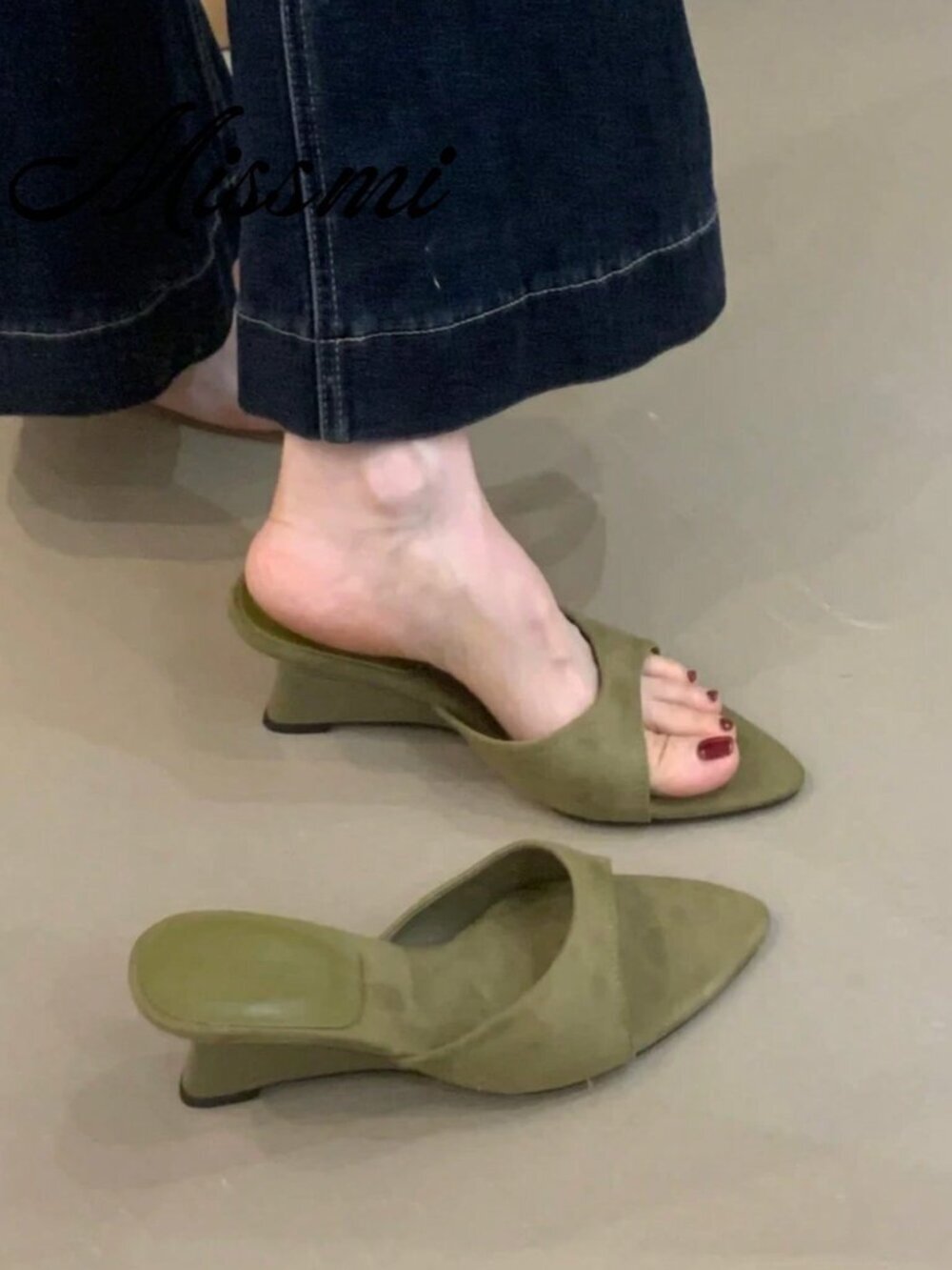 Dark Green Casual Women's Pointed Toe Wedge Slide Sandals